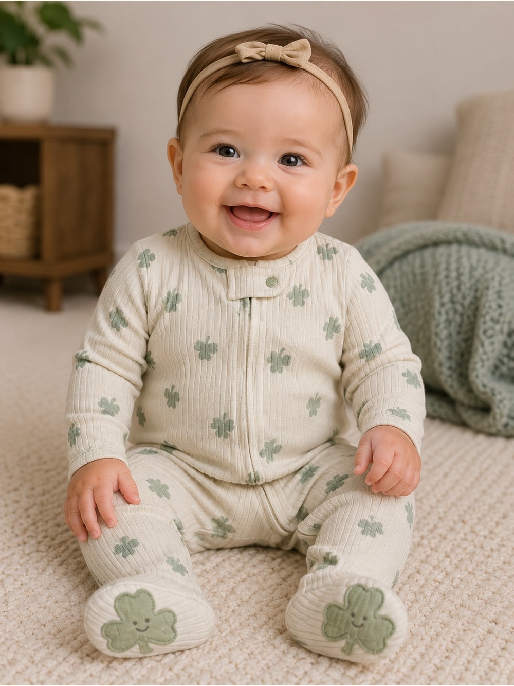 Cream Clover-Print Ribbed Baby One-Piece